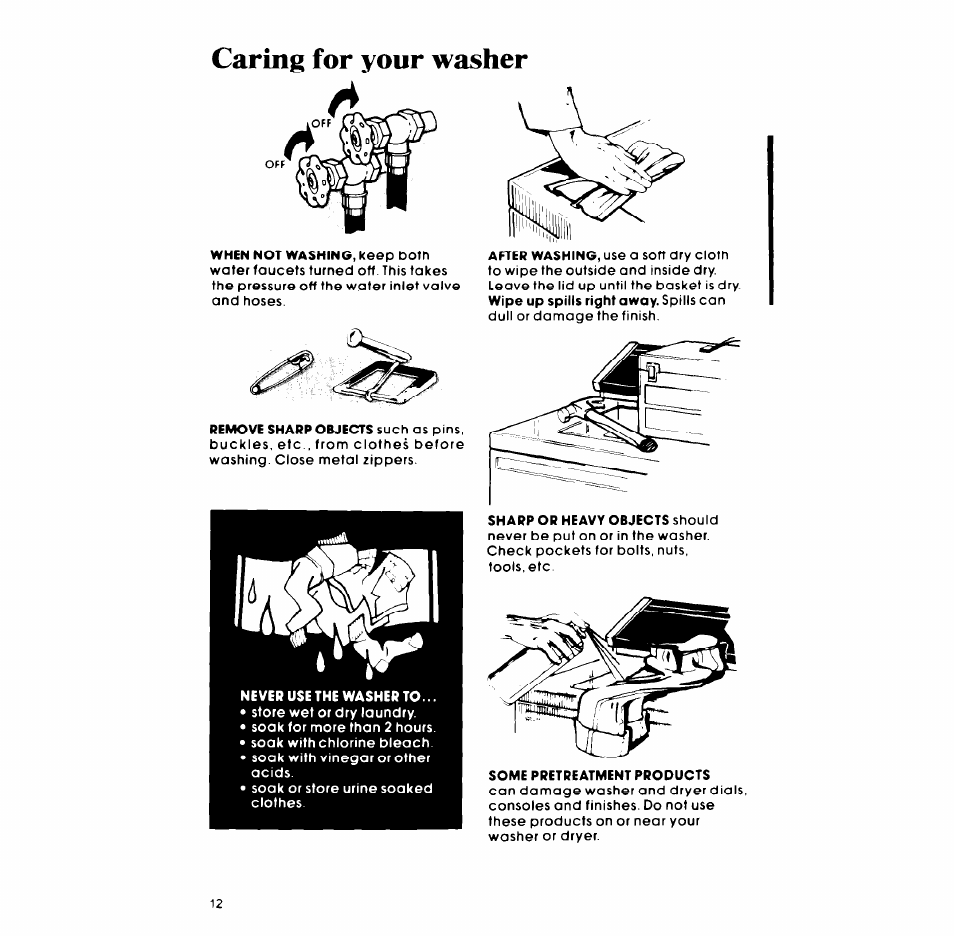 Caring for your washer | Whirlpool LA5530XP User Manual | Page 12 / 16