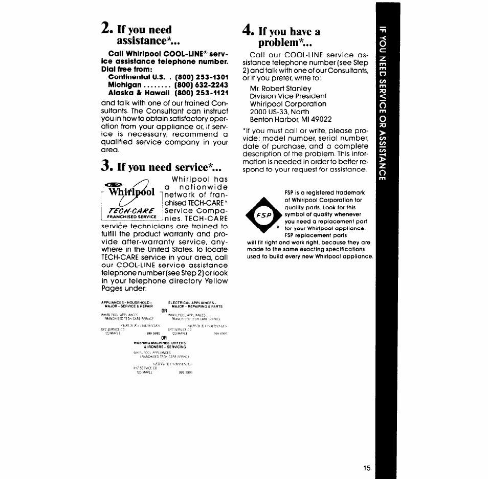 K you need assistance, If you need service, K you have a problem | Whirlpool LA5530XP User Manual | Page 15 / 16