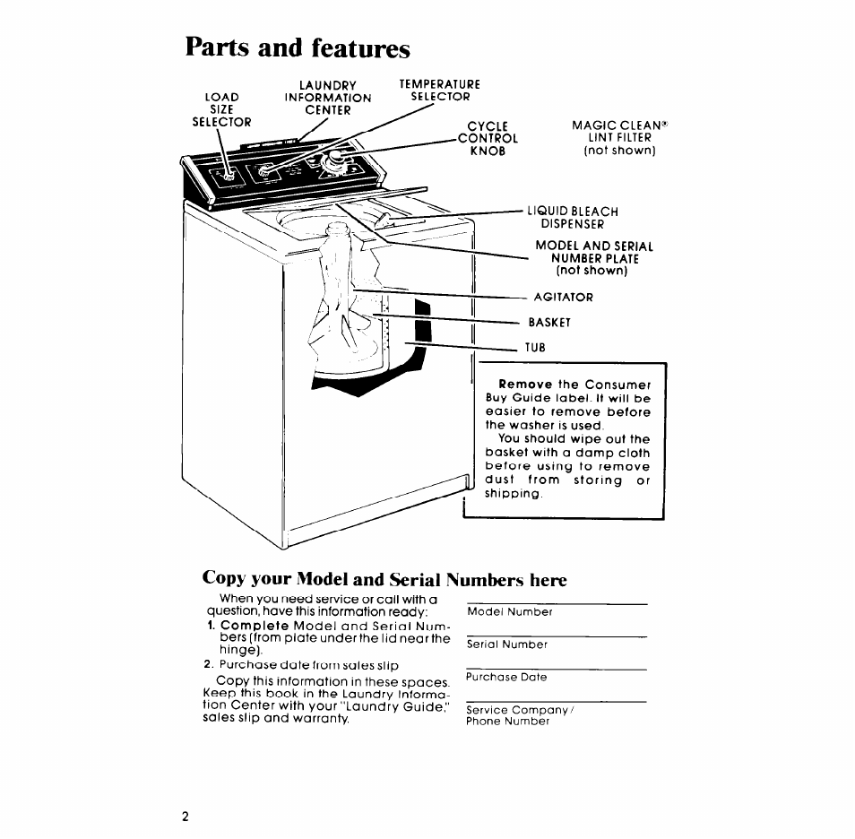 Parts and features, Copy your model and serial numbers here | Whirlpool LA5530XP User Manual | Page 2 / 16