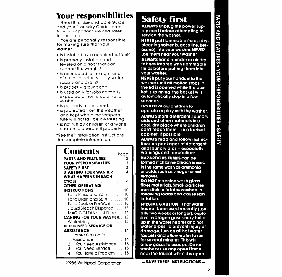 Your responsibilities, Safety first contents | Whirlpool LA5530XP User Manual | Page 3 / 16