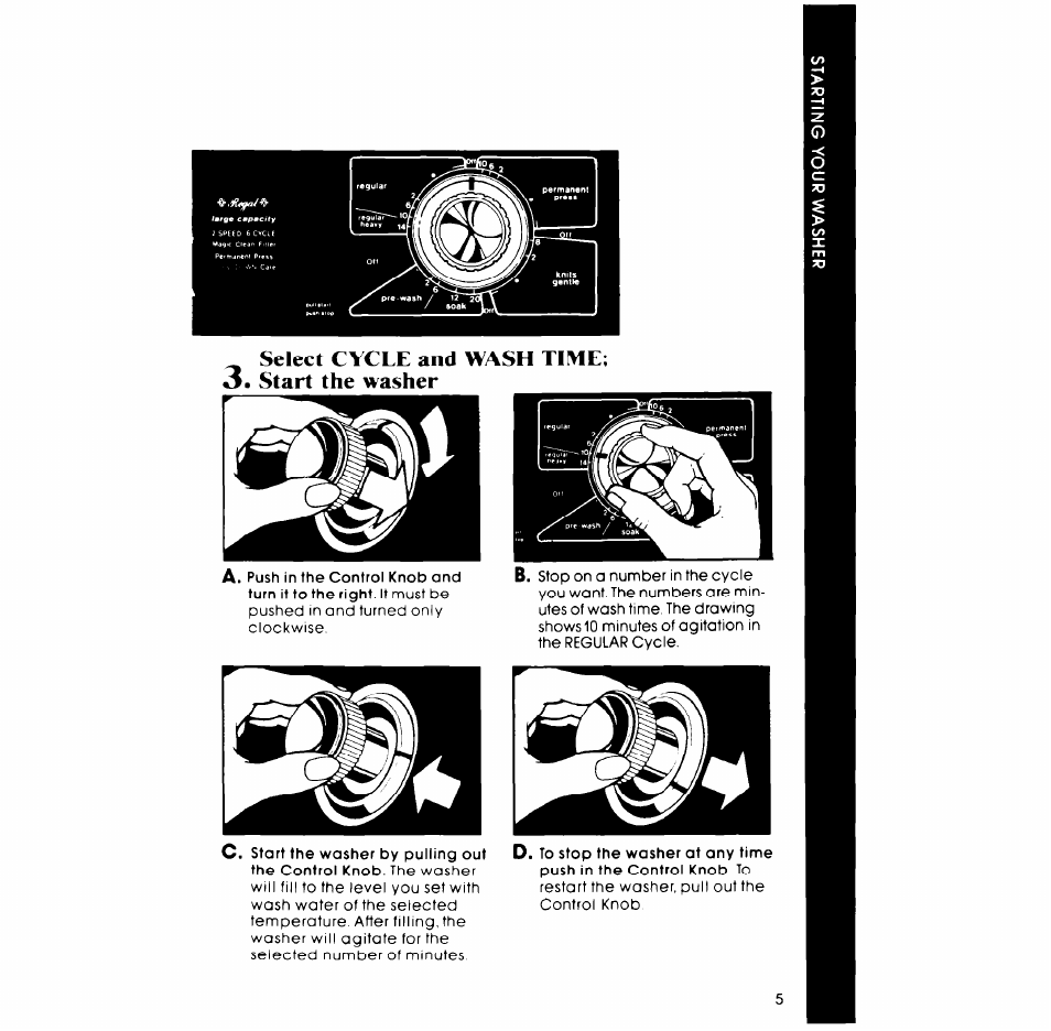 Select cycle and wash time, Start the washer, Select cycle and wash time; 3. start the washer | Whirlpool LA5530XP User Manual | Page 5 / 16