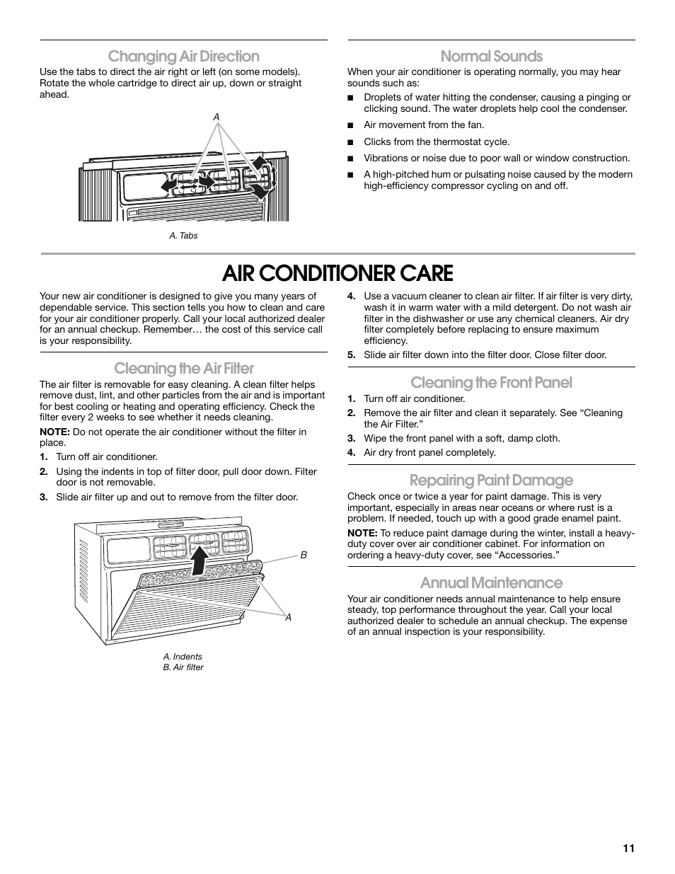 Air conditioner care, Changing air direction, Normal sounds | Cleaning the air filter, Cleaning the front panel, Repairing paint damage, Annual maintenance | Whirlpool ACE082XR0 User Manual | Page 11 / 28