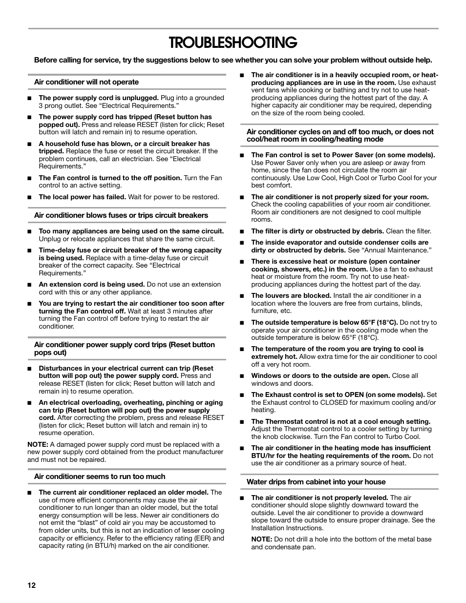 Troubleshooting | Whirlpool ACE082XR0 User Manual | Page 12 / 28
