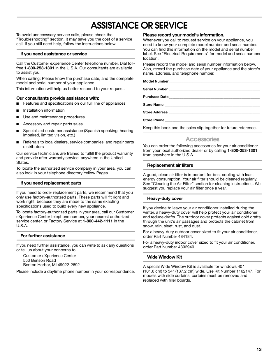 Assistance or service, Accessories | Whirlpool ACE082XR0 User Manual | Page 13 / 28