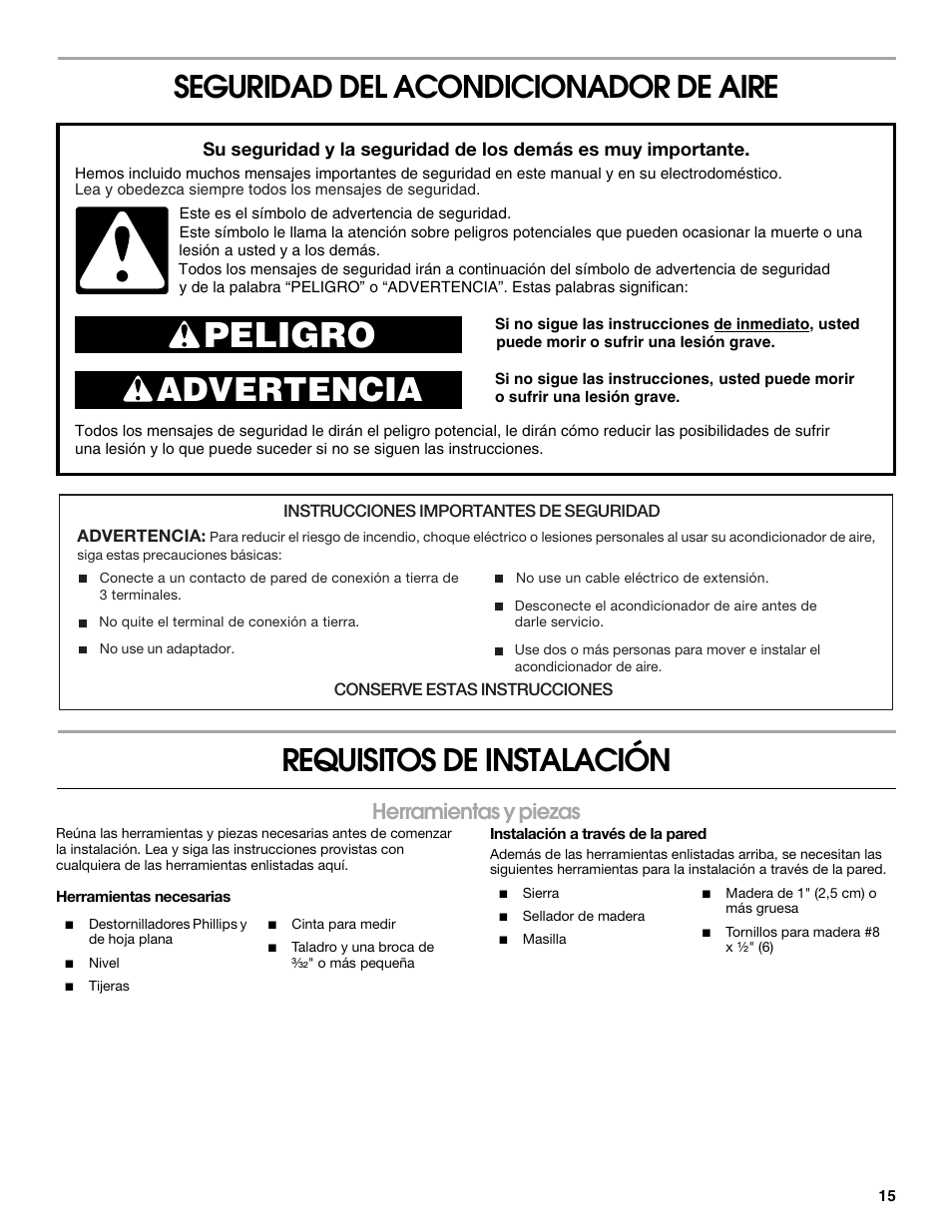 Peligro, Advertencia, Herramientas y piezas | Whirlpool ACE082XR0 User Manual | Page 15 / 28