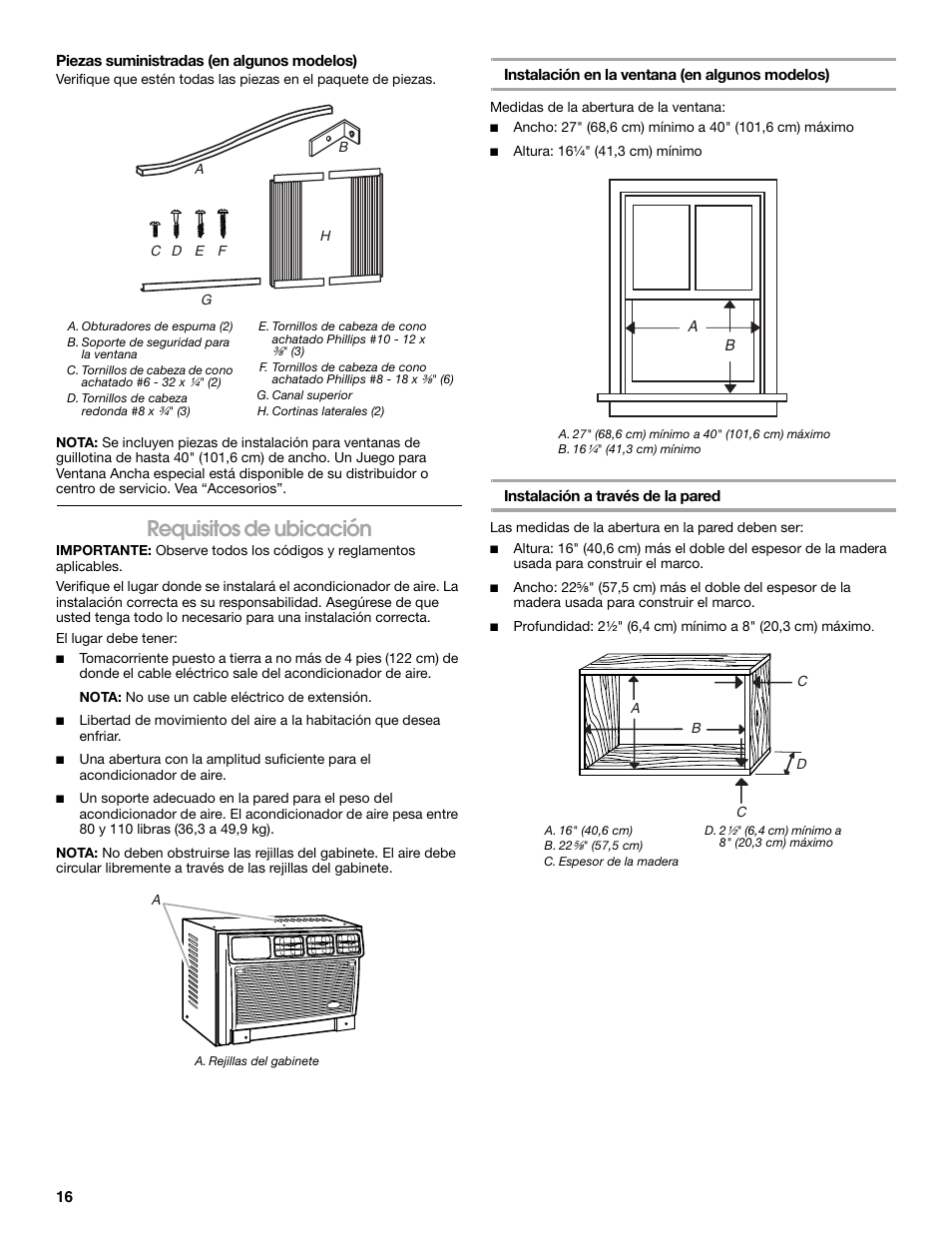 Requisitos de ubicación | Whirlpool ACE082XR0 User Manual | Page 16 / 28