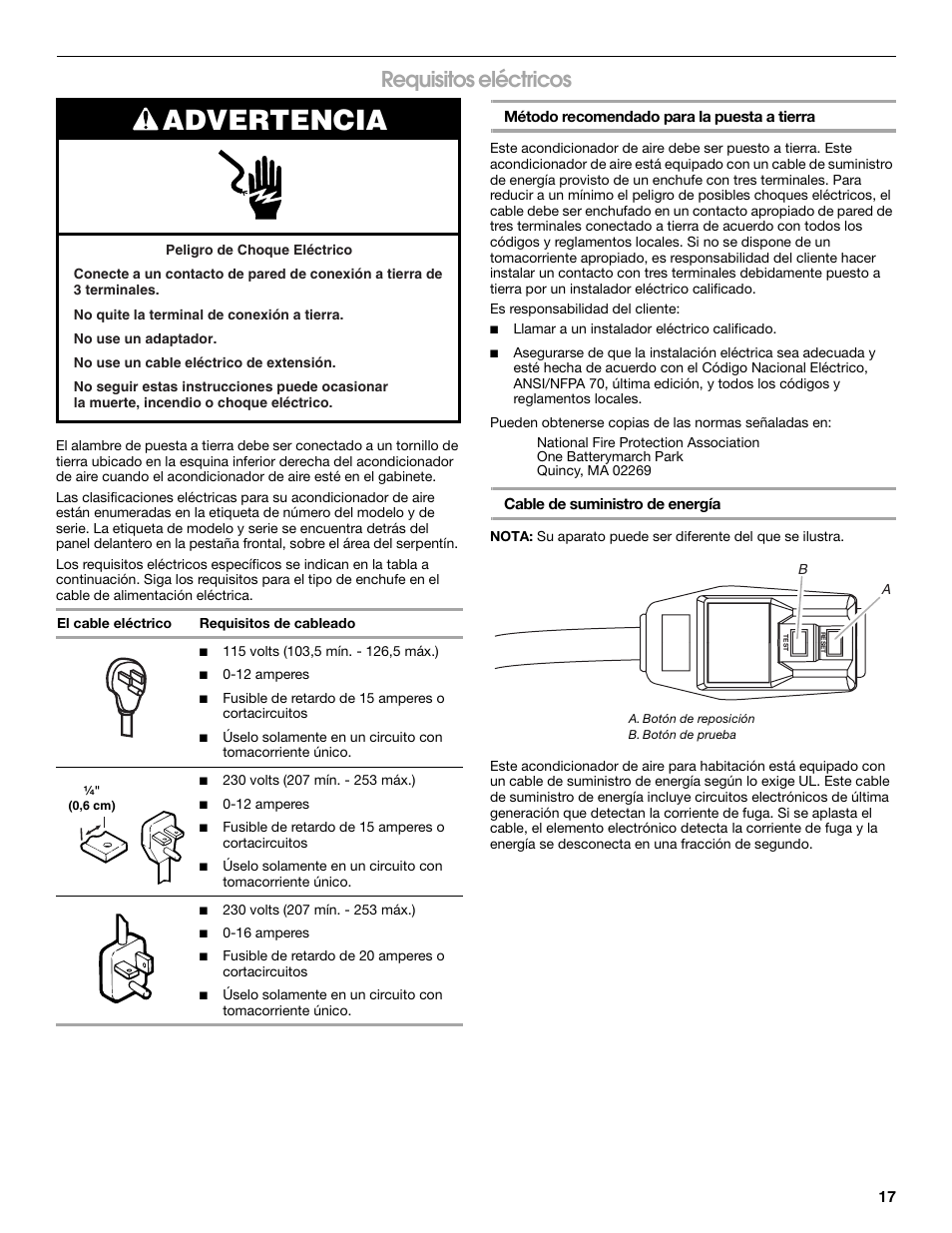 Advertencia, Requisitos eléctricos | Whirlpool ACE082XR0 User Manual | Page 17 / 28