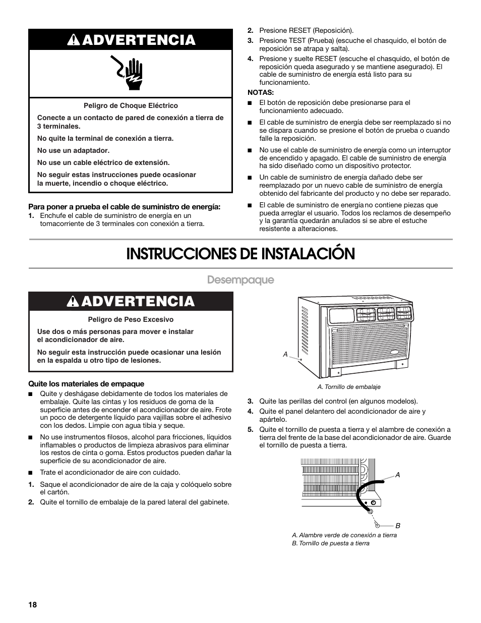 Instrucciones de instalación, Advertencia, Desempaque | Whirlpool ACE082XR0 User Manual | Page 18 / 28