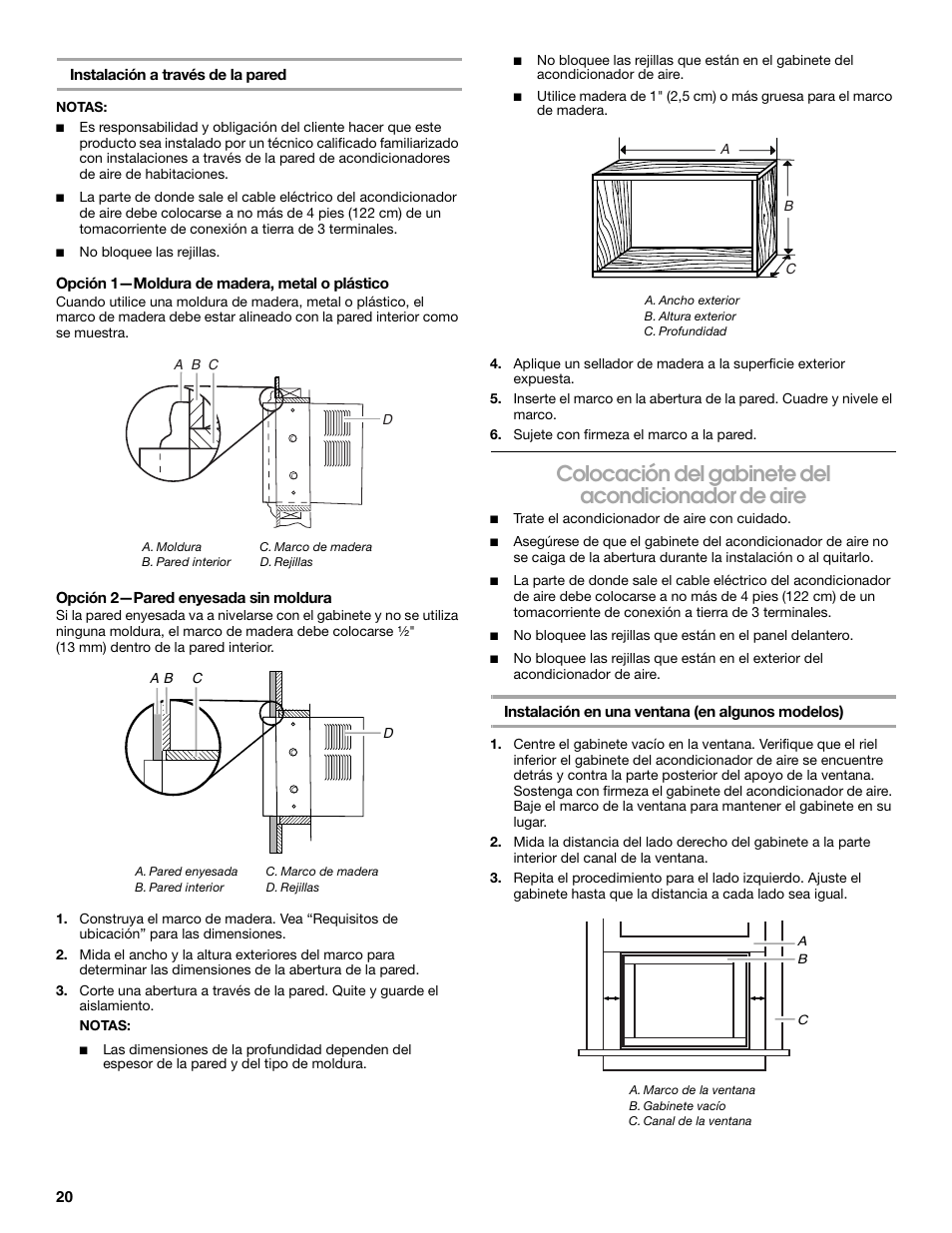 Colocación del gabinete del acondicionador de aire | Whirlpool ACE082XR0 User Manual | Page 20 / 28