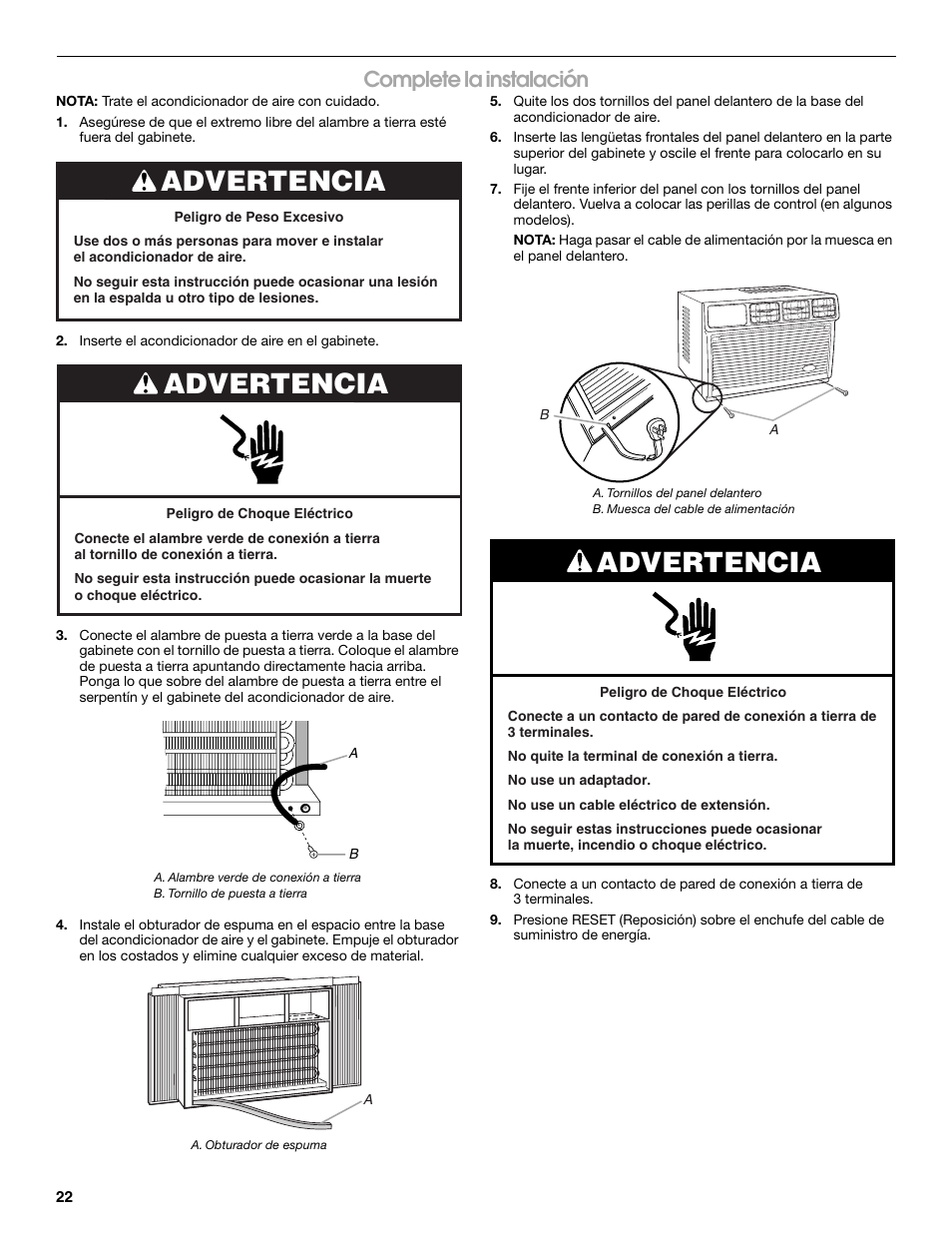 Advertencia, Complete la instalación | Whirlpool ACE082XR0 User Manual | Page 22 / 28