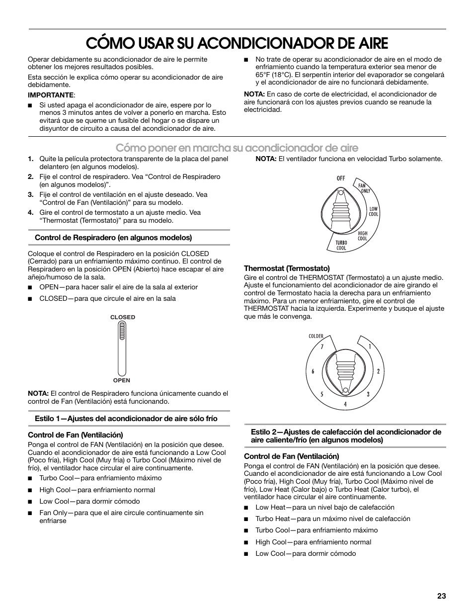 Cómo usar su acondicionador de aire, Cómo poner en marcha su acondicionador de aire | Whirlpool ACE082XR0 User Manual | Page 23 / 28