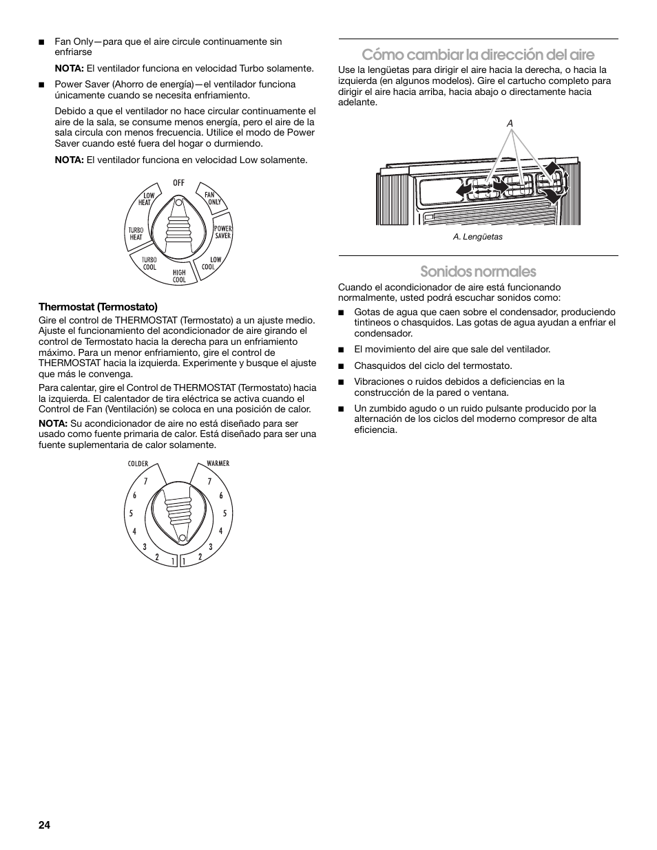 Cómo cambiar la dirección del aire, Sonidos normales | Whirlpool ACE082XR0 User Manual | Page 24 / 28