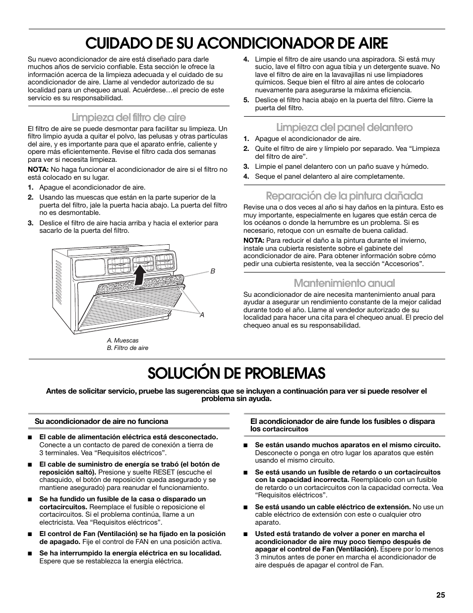 Cuidado de su acondicionador de aire, Solución de problemas, Limpieza del filtro de aire | Limpieza del panel delantero, Reparación de la pintura dañada, Mantenimiento anual | Whirlpool ACE082XR0 User Manual | Page 25 / 28