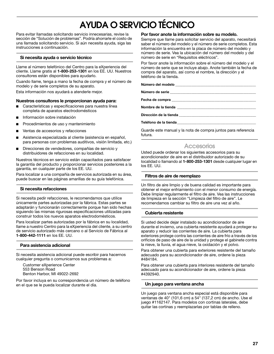 Ayuda o servicio técnico, Accesorios | Whirlpool ACE082XR0 User Manual | Page 27 / 28