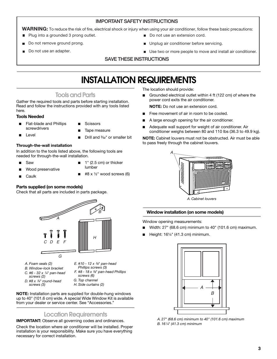 Installation requirements, Tools and parts, Location requirements | Important safety instructions warning, Save these instructions | Whirlpool ACE082XR0 User Manual | Page 3 / 28