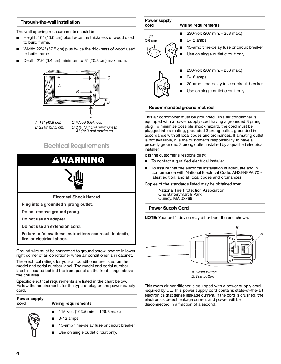 Warning, Electrical requirements | Whirlpool ACE082XR0 User Manual | Page 4 / 28