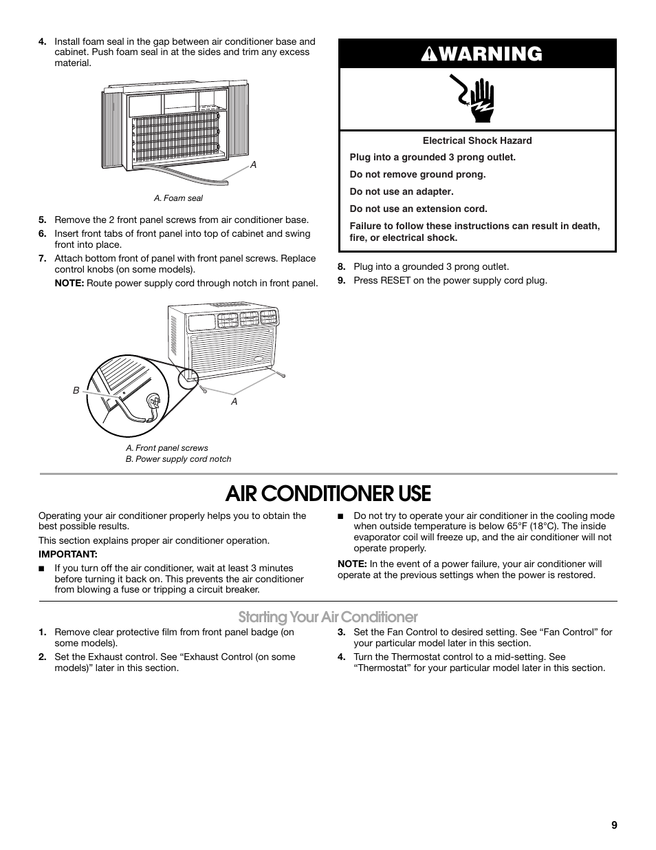 Air conditioner use, Warning, Starting your air conditioner | Whirlpool ACE082XR0 User Manual | Page 9 / 28