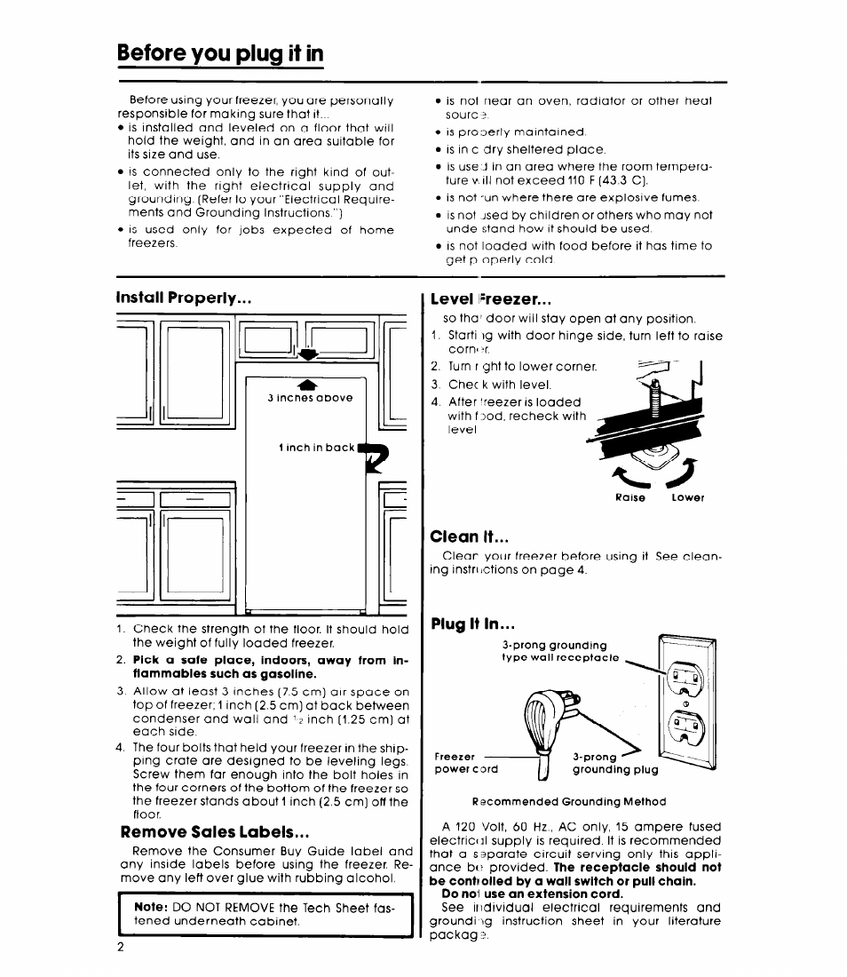 Before you plug it in, Install properly, Remove sales labels | Level freezer, Clean it, Plug it in | Whirlpool EV130fxk User Manual | Page 2 / 8