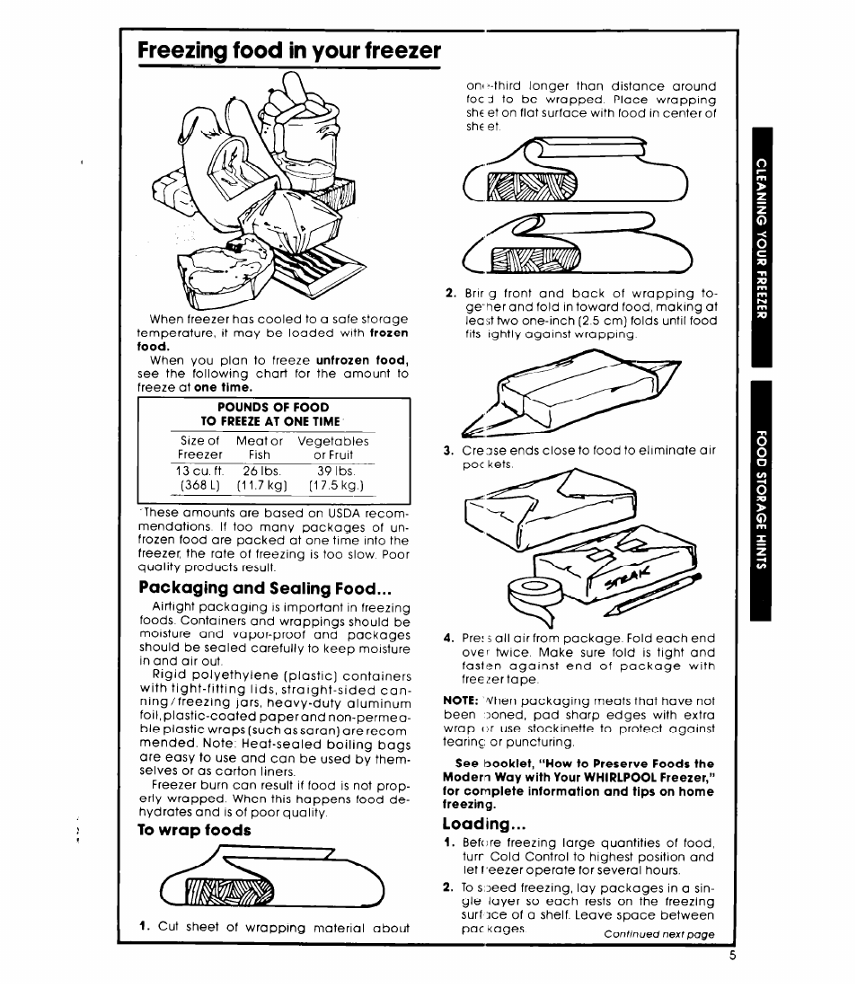 Packaging and sealing food, To wrap foods, Loading | Freezing food in your freezer | Whirlpool EV130fxk User Manual | Page 5 / 8