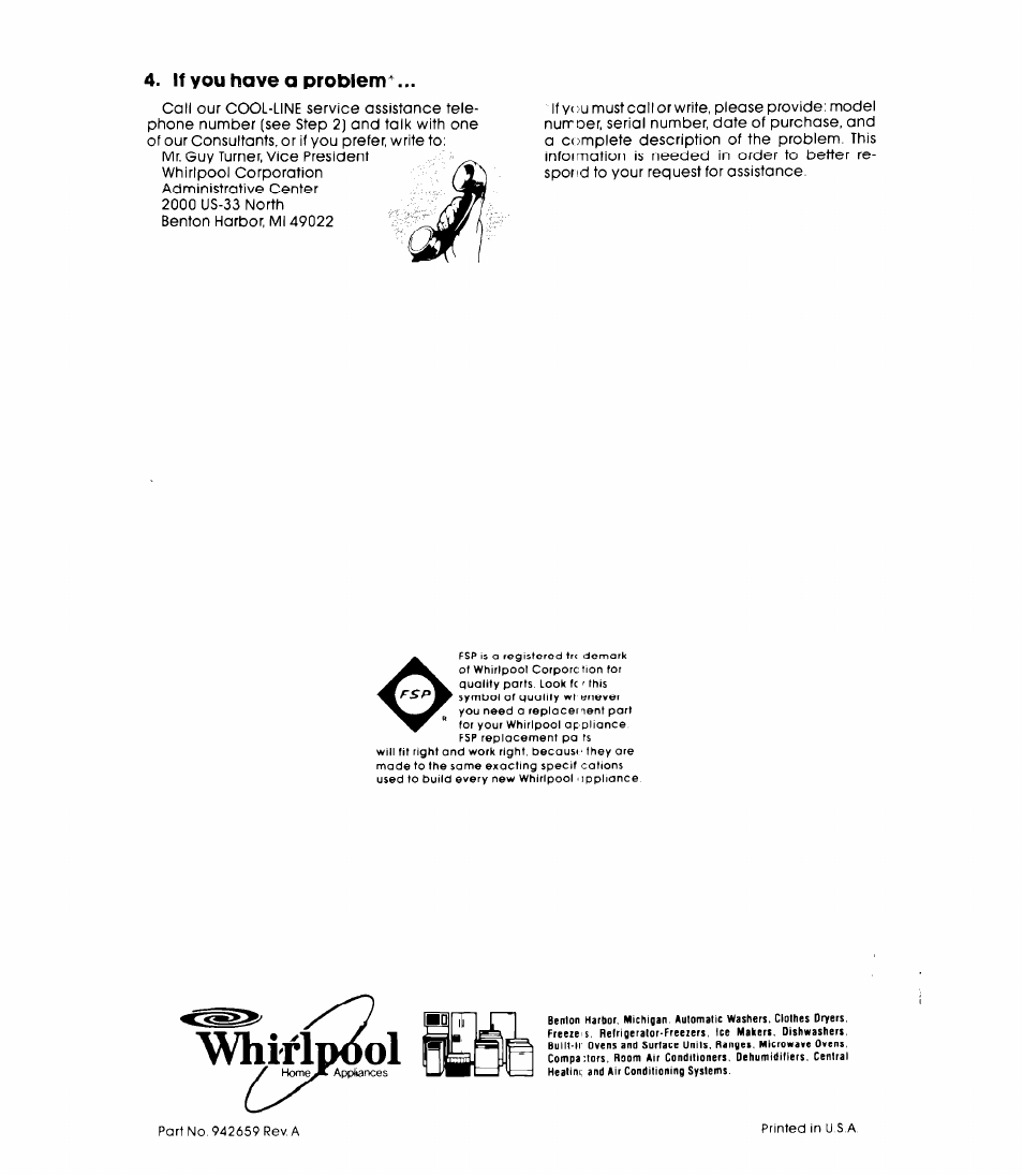 Whirl, If you have a problem | Whirlpool EV130fxk User Manual | Page 8 / 8