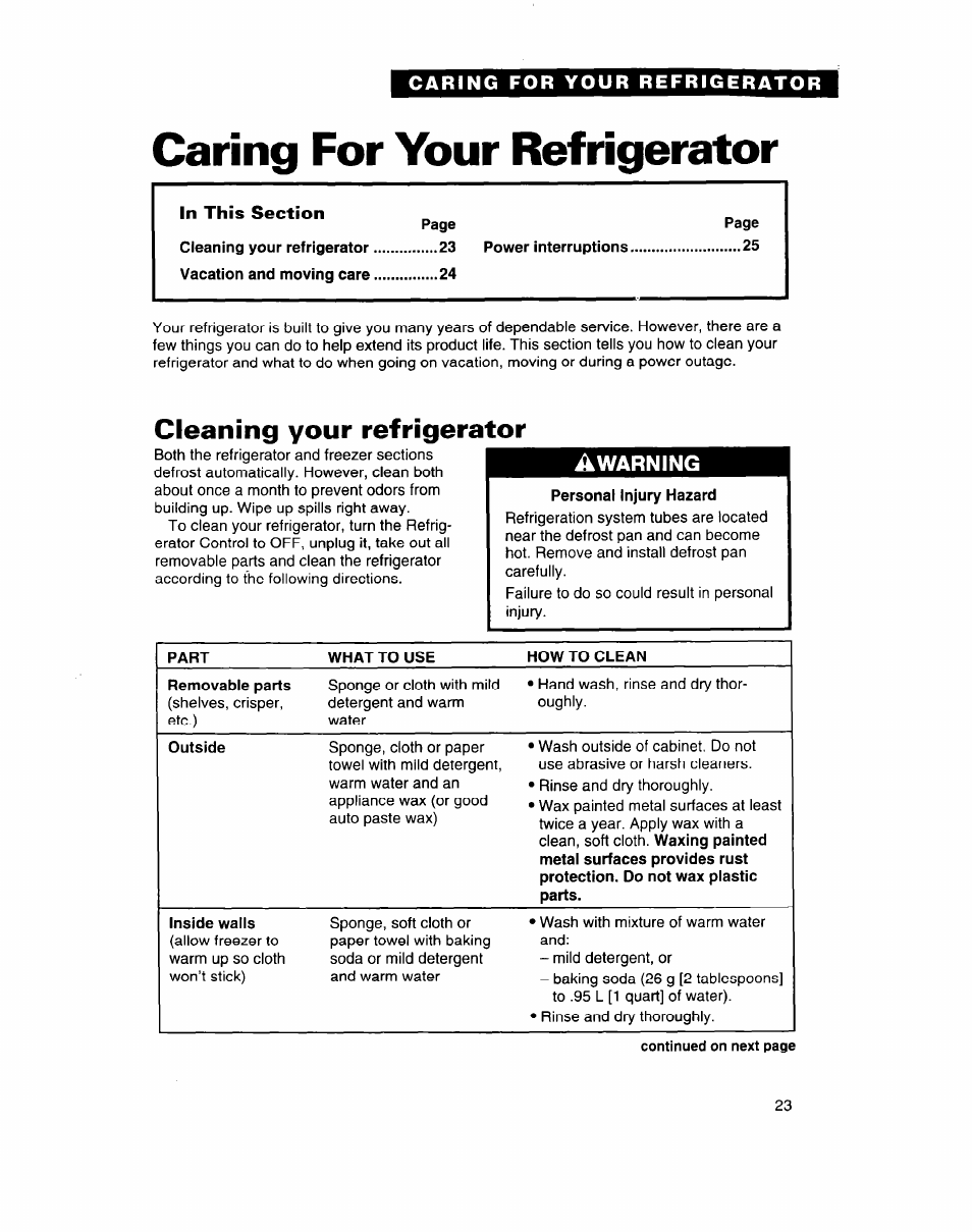 Caring for your refrigerator, Cleaning your refrigerator, Warning | Whirlpool 3ED22DQ User Manual | Page 23 / 30