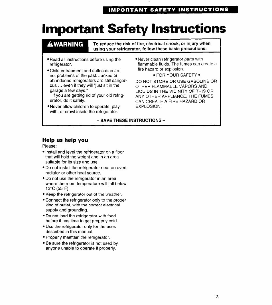 Important safety instructions, Save these instructions, Help us help you | Whirlpool 3ED22DQ User Manual | Page 3 / 30