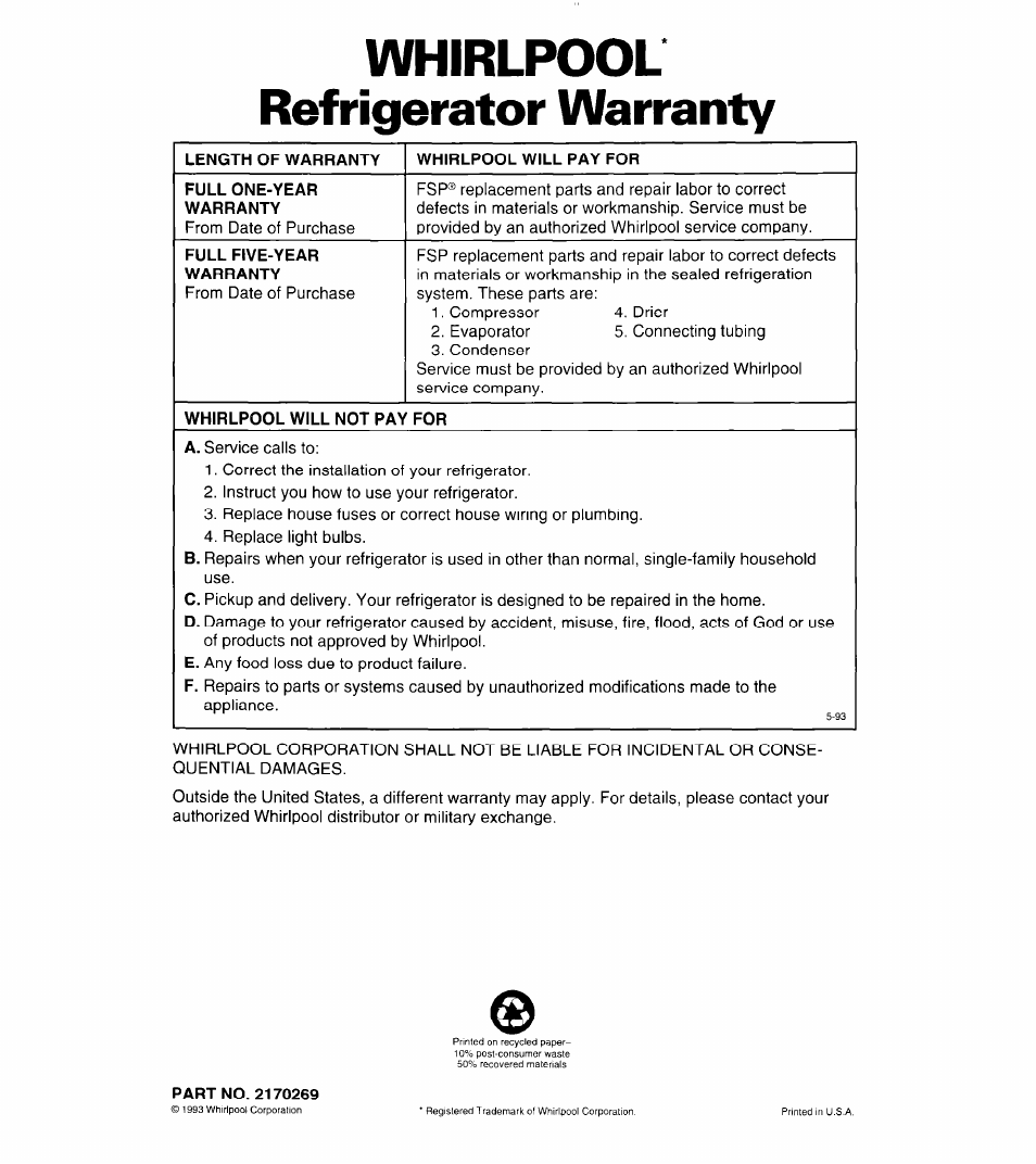 Whirlpool refrigerator warranty, Length of warranty, Whirlpool will pay for | Full one-year warranty, Full five-year warranty, Whirlpool will not pay for, Part no. 2170269 | Whirlpool 3ED22DQ User Manual | Page 30 / 30