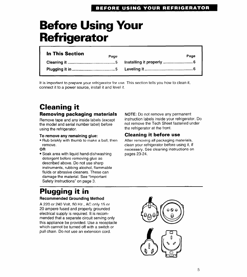 Before using your refrigerator, Cleaning it, Removing packaging materials | Cleaning it before use, Plugging it in | Whirlpool 3ED22DQ User Manual | Page 5 / 30