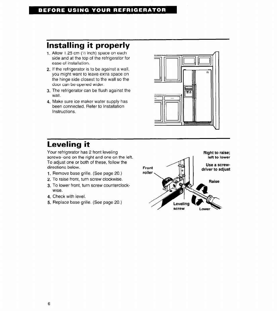 Installing it properly, Leveling it | Whirlpool 3ED22DQ User Manual | Page 6 / 30