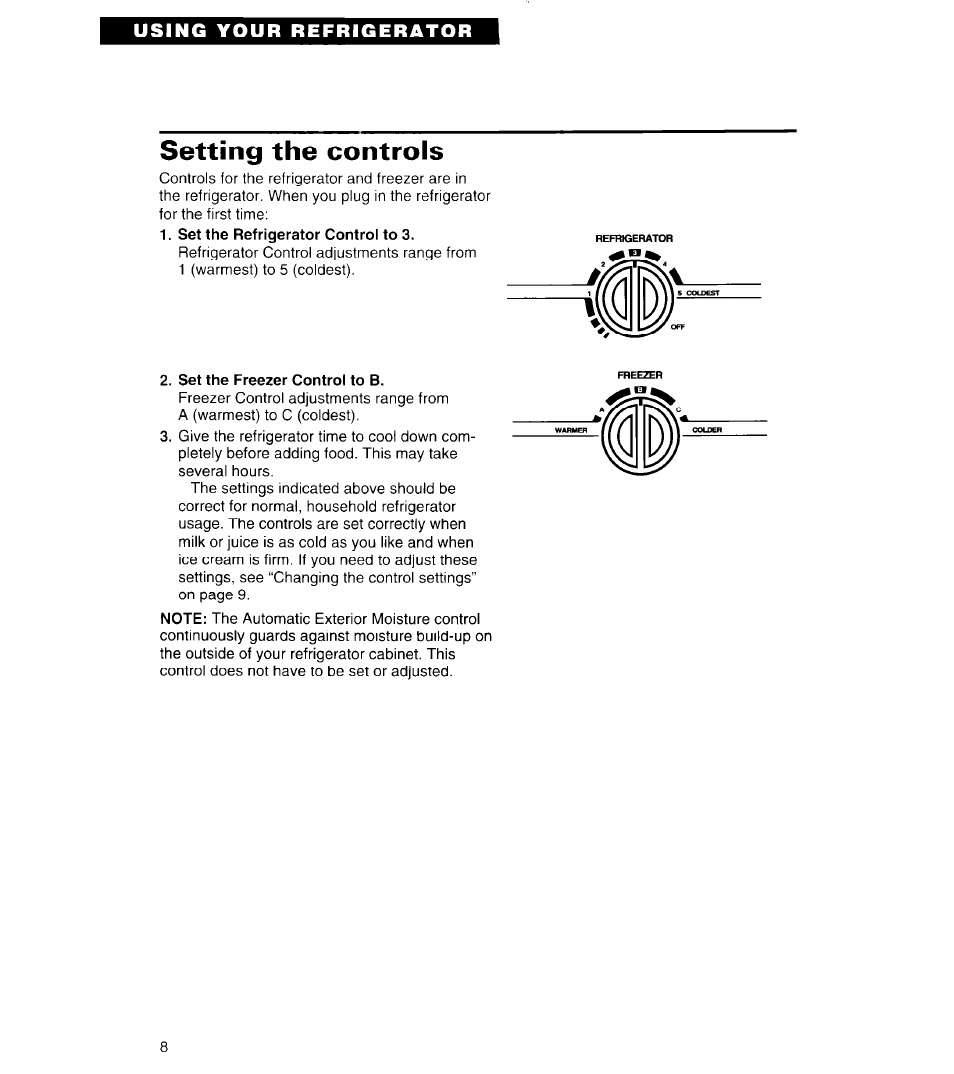 Setting the controls, Set the refrigerator control to 3, Set the freezer control to b | Whirlpool 3ED22DQ User Manual | Page 8 / 30