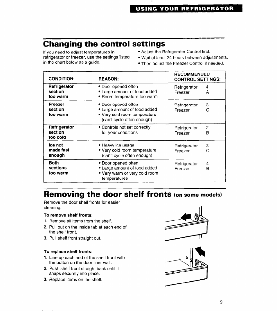 Changing the control settings, Removing the door shelf fronts (on some models), To remove shelf fronts | To replace shelf fronts, Removing the door shelf fronts | Whirlpool 3ED22DQ User Manual | Page 9 / 30