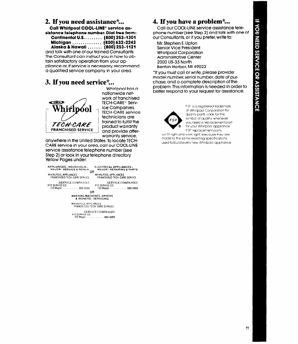 Whirlpool, If you need assistance, If you need service | If you have a problem | Whirlpool EC5100XP User Manual | Page 11 / 12