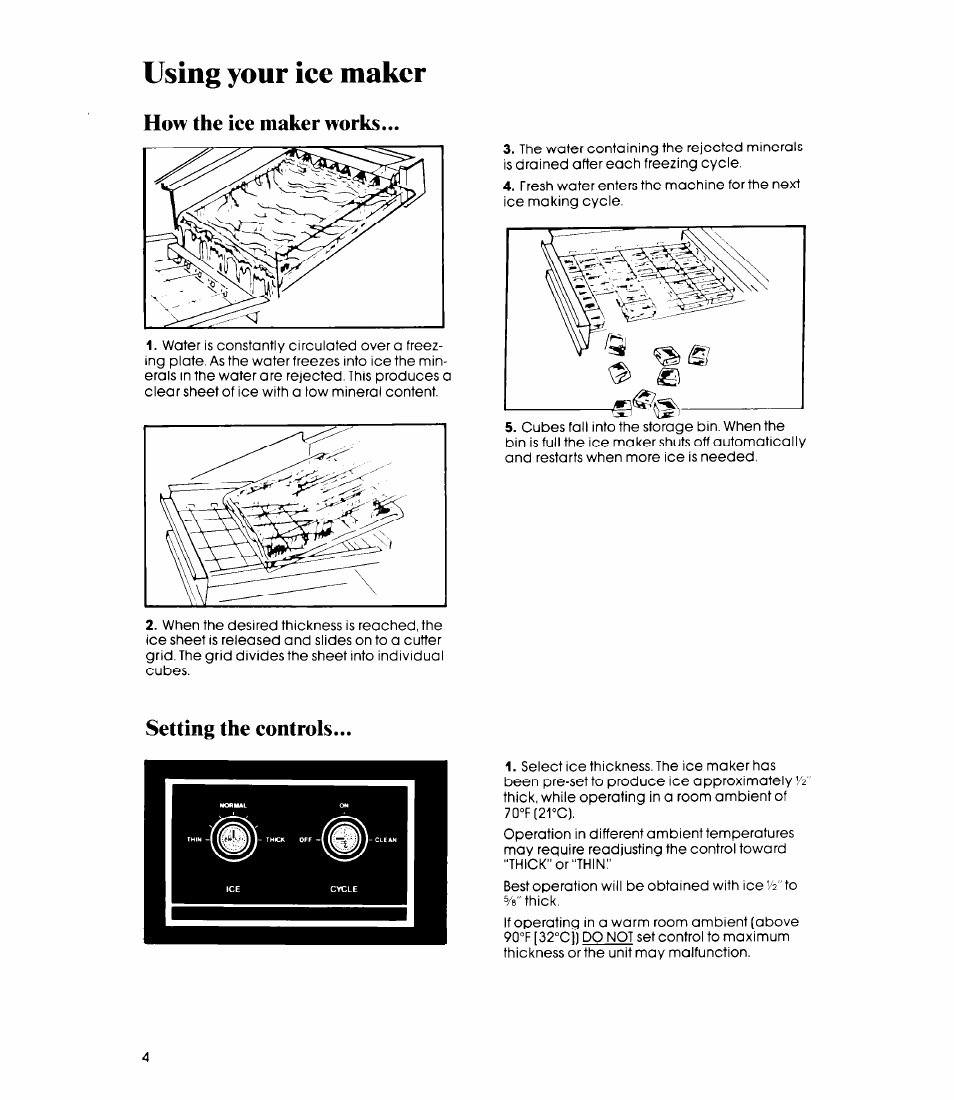Using your ice maker, How the ice maker works, Setting the controls | Whirlpool EC5100XP User Manual | Page 4 / 12