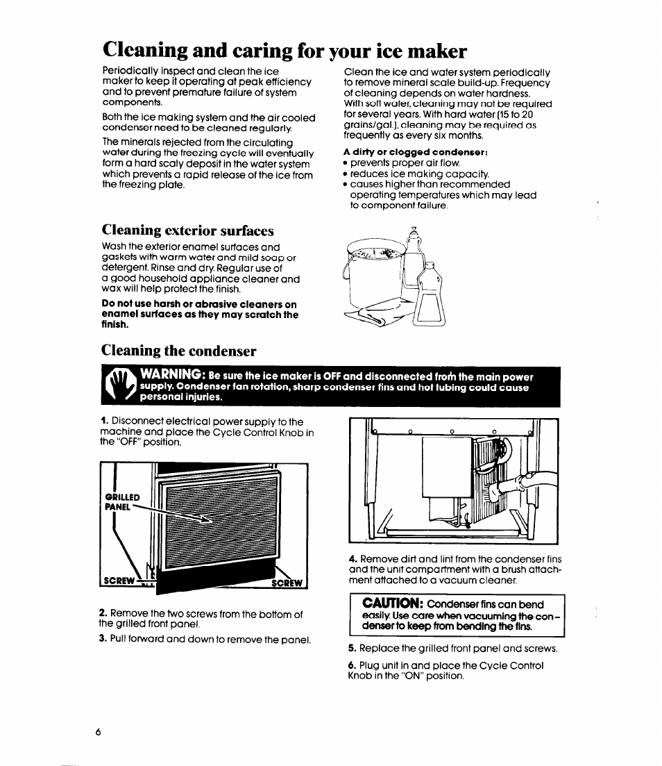 Cleaning and caring for your ice maker, Cleaning exterior surfaces, Cleaning the condenser | Whirlpool EC5100XP User Manual | Page 6 / 12