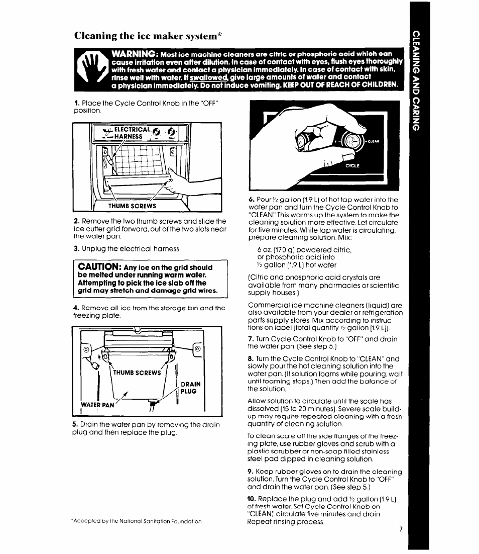 Cleaning the ice maker system, Warning, Caution | Whirlpool EC5100XP User Manual | Page 7 / 12