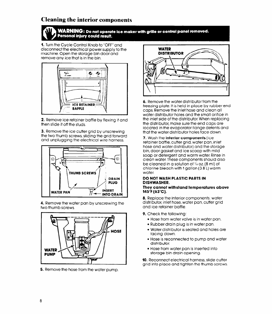 Cleaning the interior components, Warning | Whirlpool EC5100XP User Manual | Page 8 / 12
