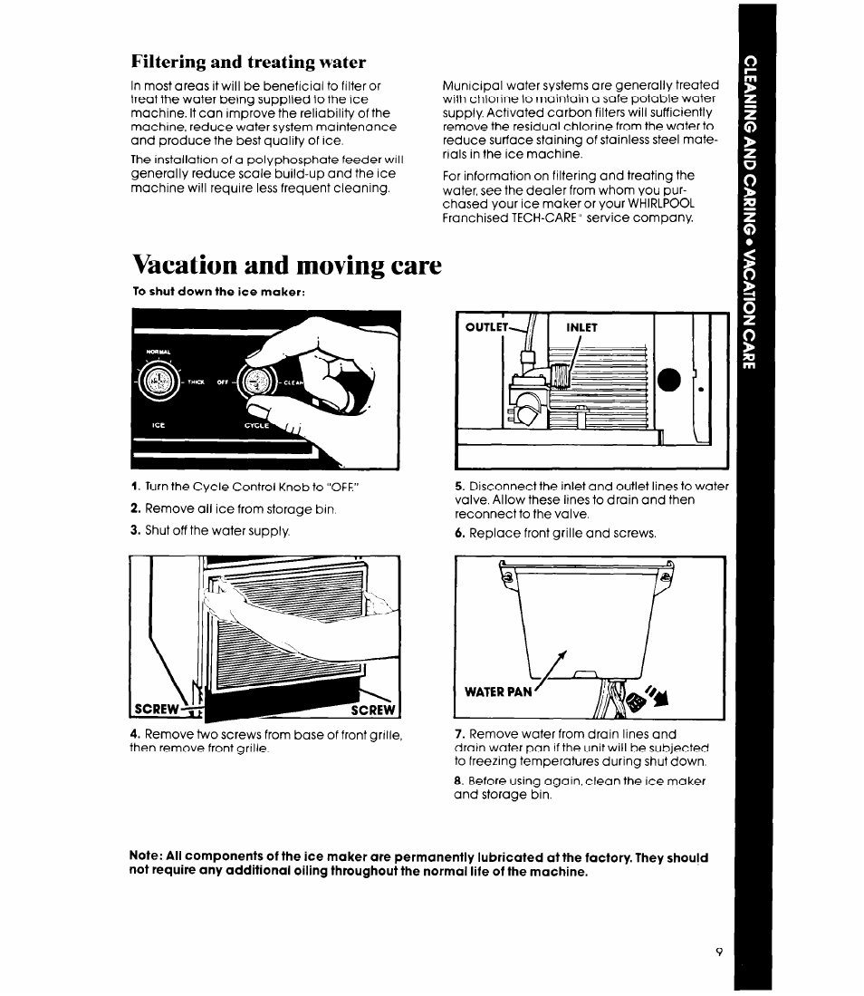 Vacation and moving care, Filtering and treating water | Whirlpool EC5100XP User Manual | Page 9 / 12