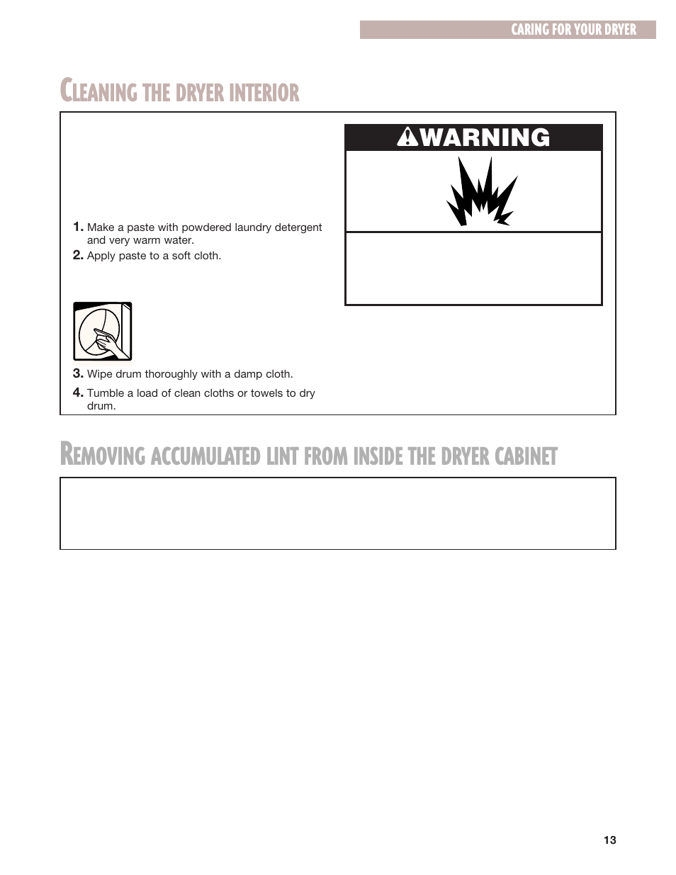 Cleaning the dryer interior, Leaning the dryer interior, Wwarning | Whirlpool 8299699 User Manual | Page 13 / 20
