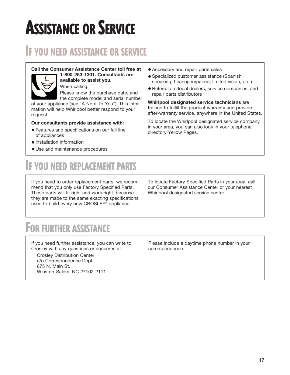 Assistance or service, Ssistance or, Ervice | F you need assistance or service, F you need replacement parts, Or further assistance | Whirlpool 8299699 User Manual | Page 17 / 20