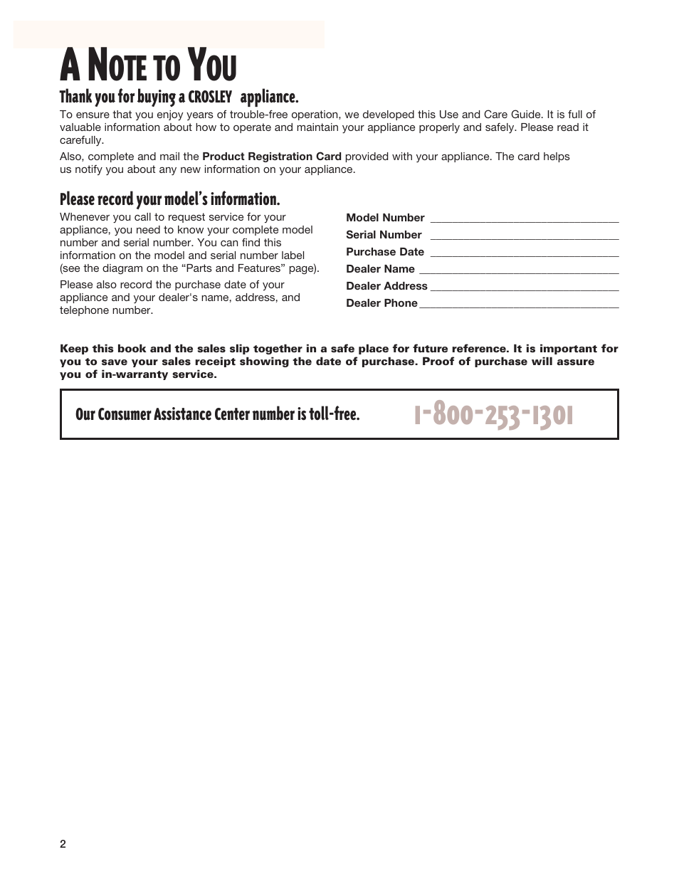 A note to you, Ote to | Whirlpool 8299699 User Manual | Page 2 / 20
