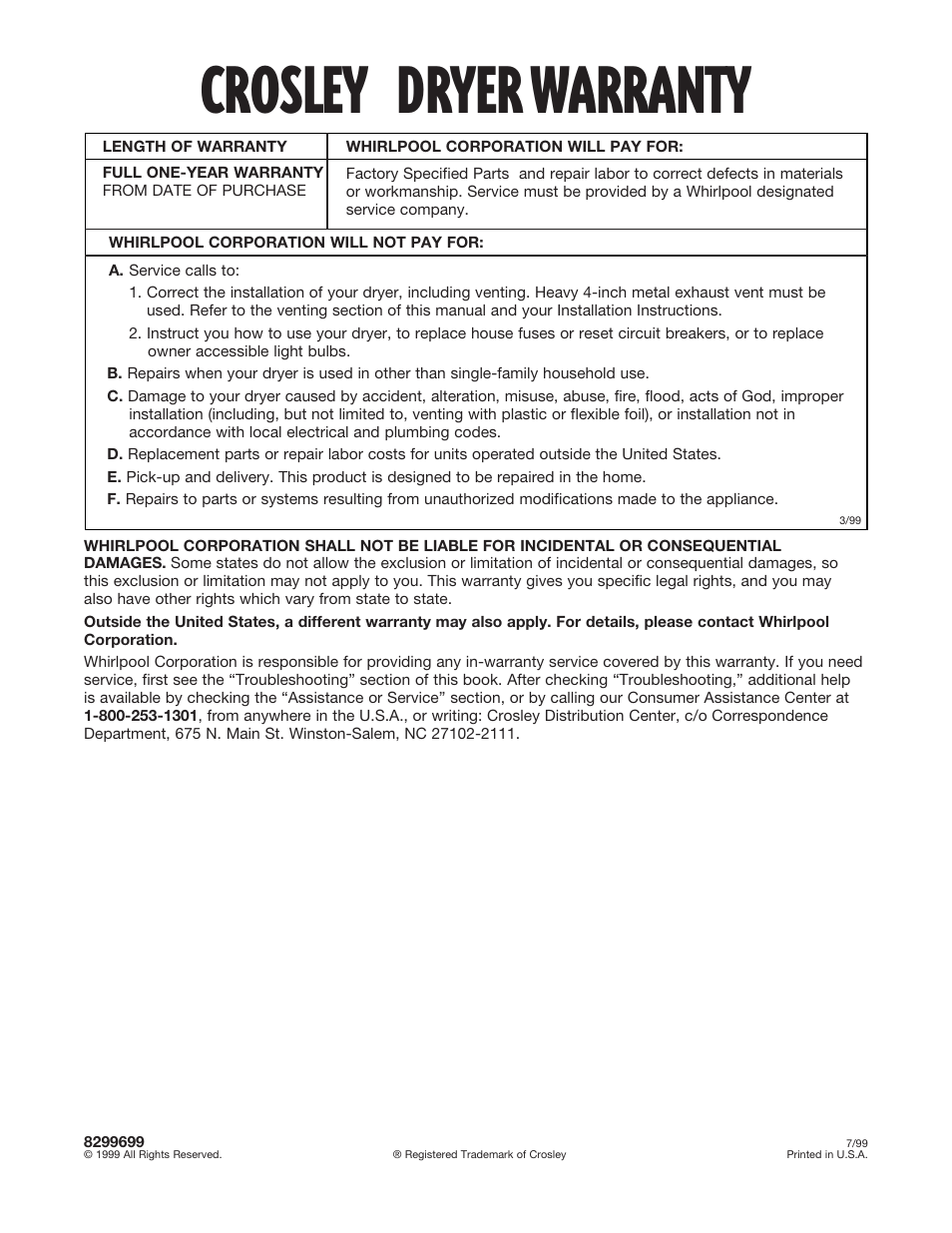 Warranty, Crosley, Dryer warranty | Whirlpool 8299699 User Manual | Page 20 / 20