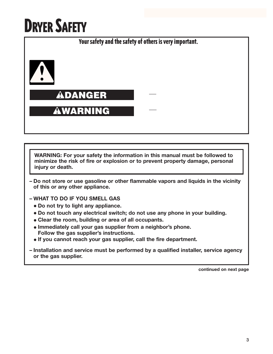Dryer safety, Ryer, Afety | Wdanger w warning | Whirlpool 8299699 User Manual | Page 3 / 20