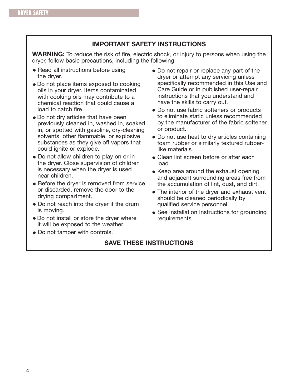 Dryer safety | Whirlpool 8299699 User Manual | Page 4 / 20