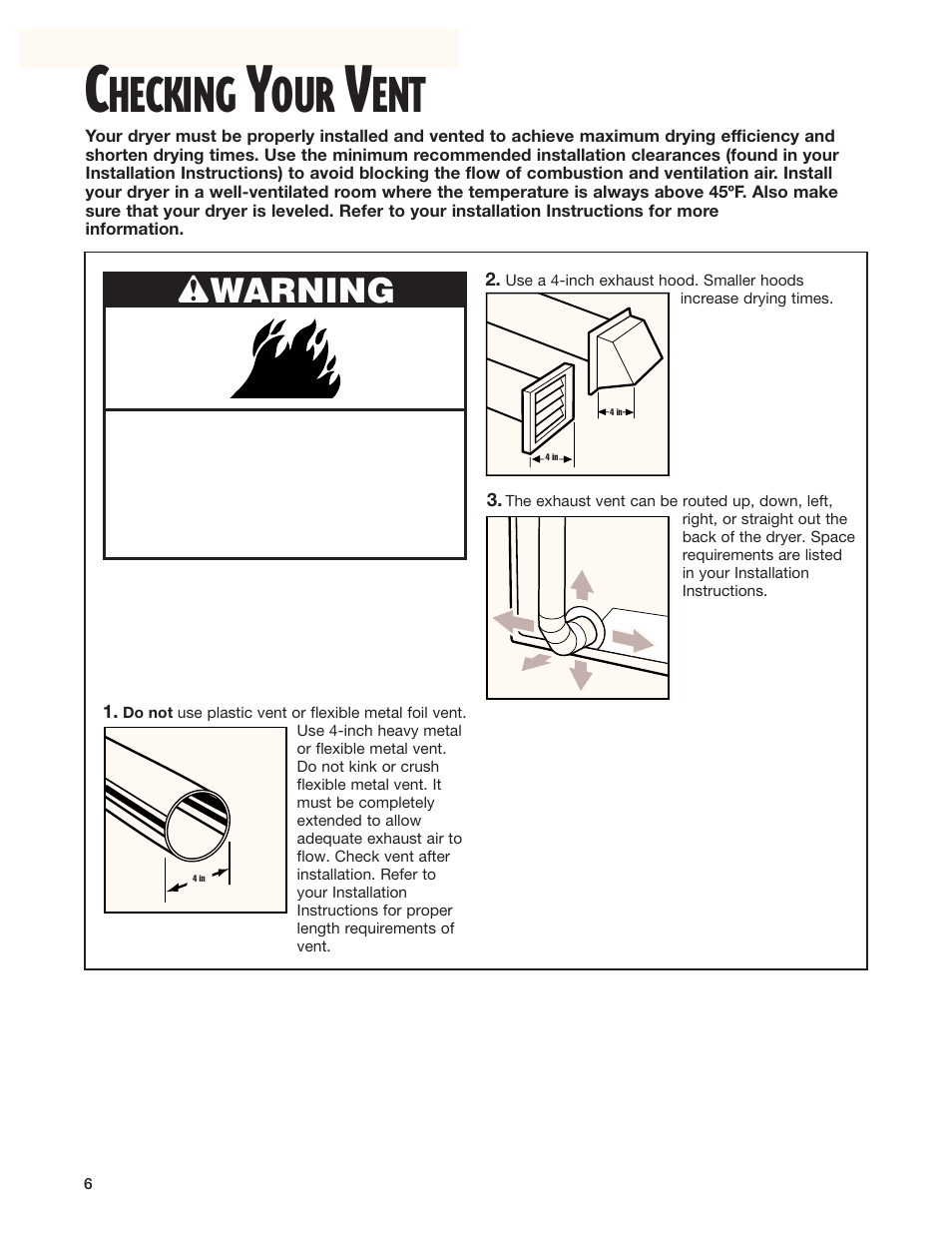 Checking your vent, Hecking, Wwarning | Whirlpool 8299699 User Manual | Page 6 / 20