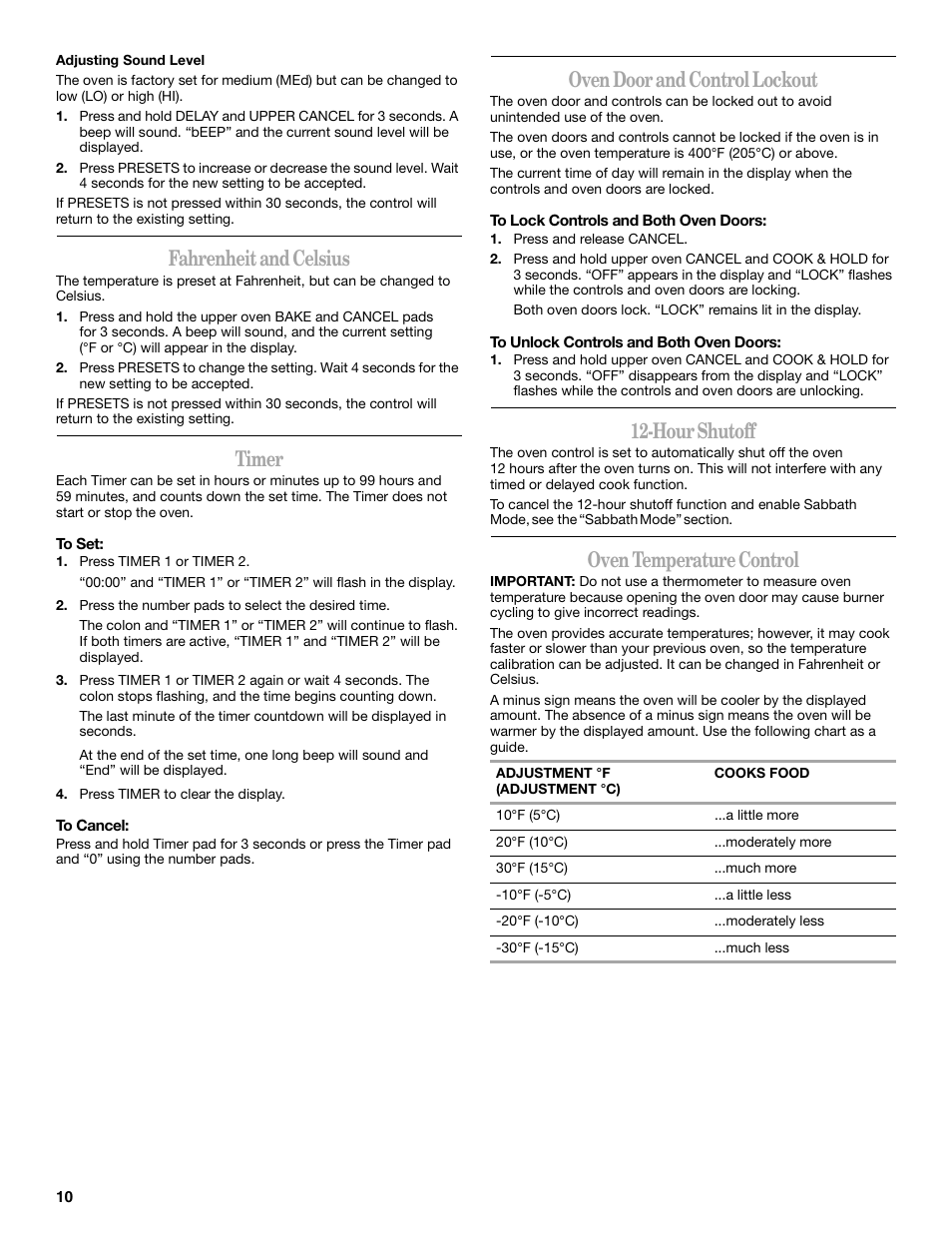 Fahrenheit and celsius, Timer, Oven door and control lockout | Hour shutoff, Oven temperature control | Whirlpool GGE350LWS User Manual | Page 10 / 24