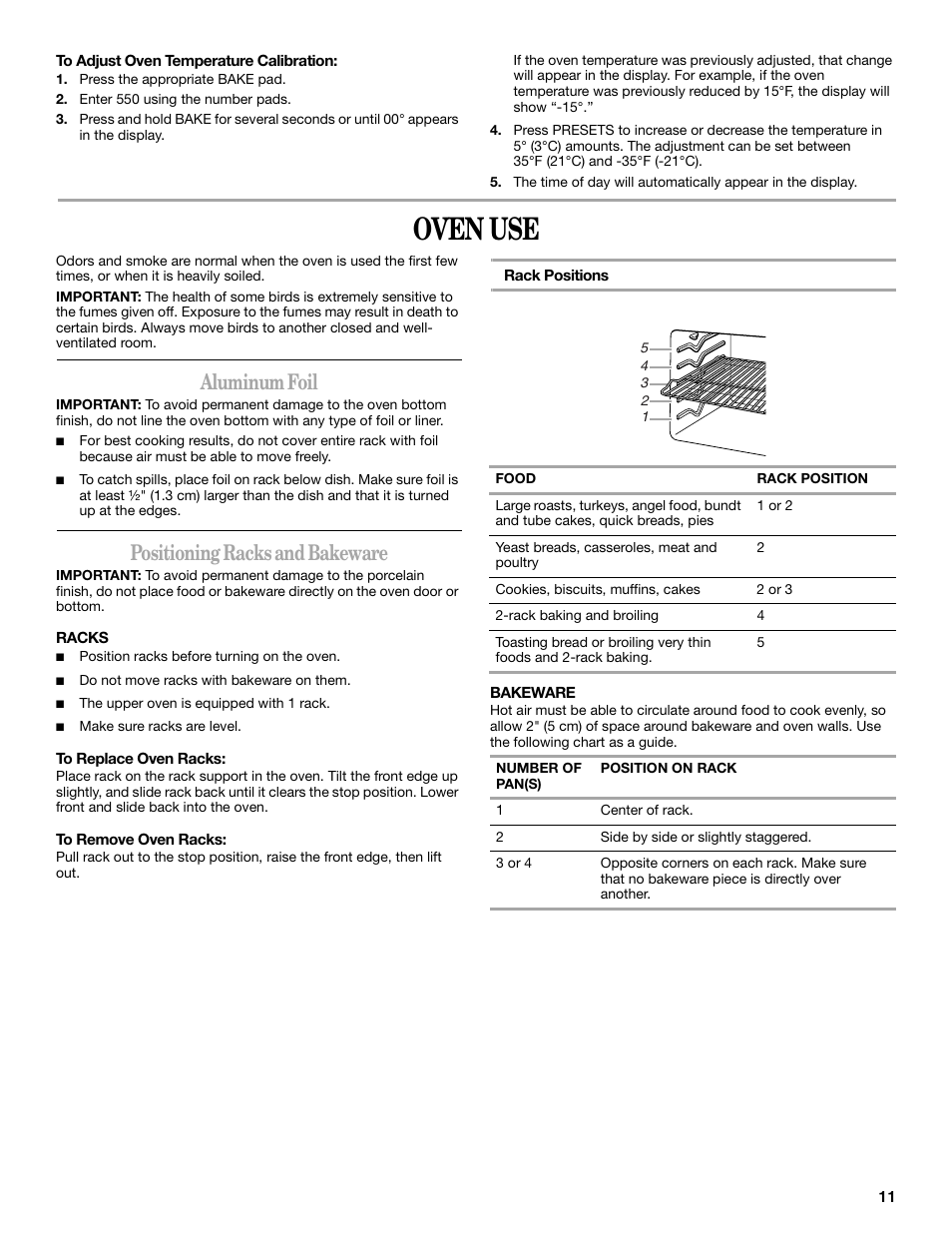 Oven use, Aluminum foil, Positioning racks and bakeware | Whirlpool GGE350LWS User Manual | Page 11 / 24