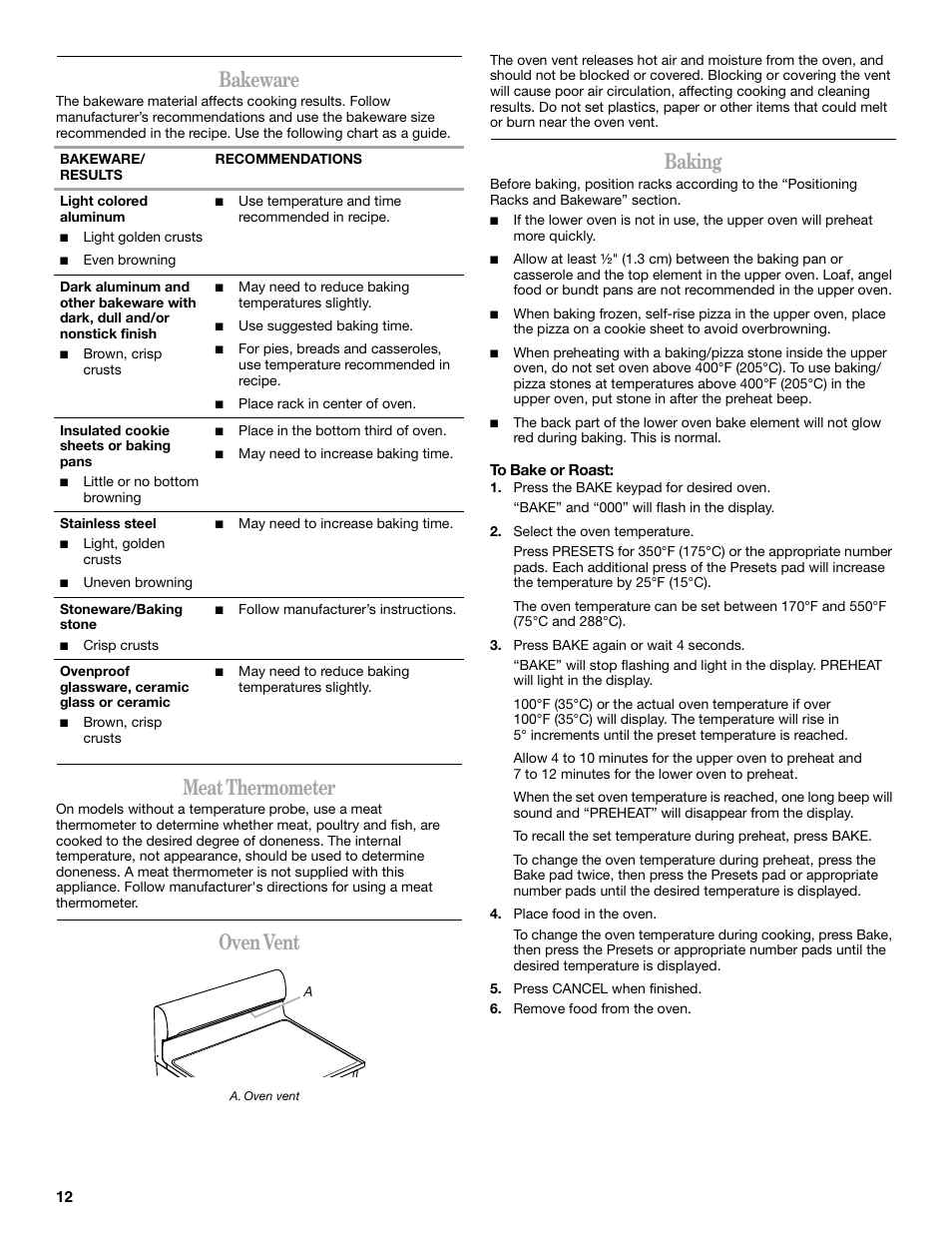 Bakeware, Meat thermometer, Oven vent | Baking | Whirlpool GGE350LWS User Manual | Page 12 / 24