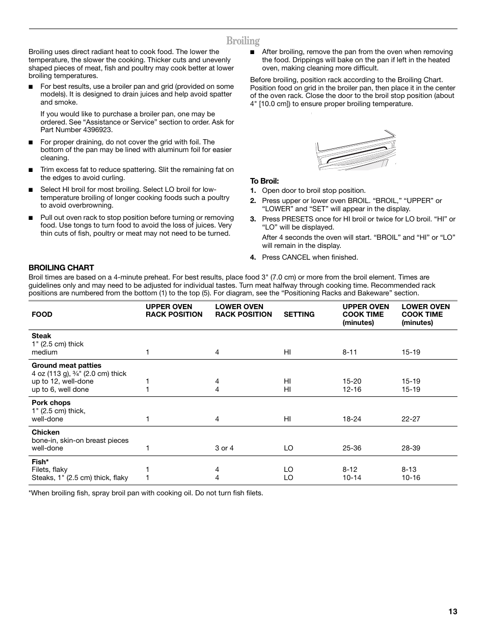 Broiling | Whirlpool GGE350LWS User Manual | Page 13 / 24