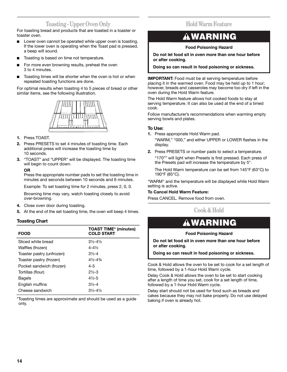 Warning, Toasting - upper oven only, Hold warm feature | Cook & hold | Whirlpool GGE350LWS User Manual | Page 14 / 24