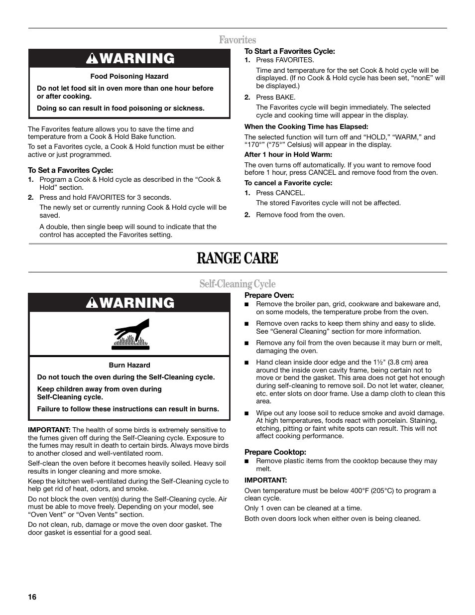 Range care, Warning, Favorites | Self-cleaning cycle | Whirlpool GGE350LWS User Manual | Page 16 / 24